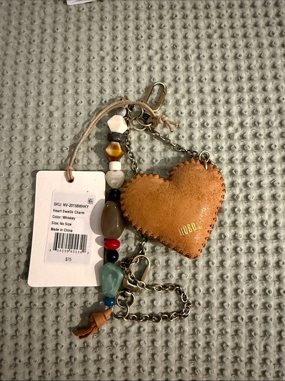 Whiskey Leather Heart Keychain Charm with Beaded Accents